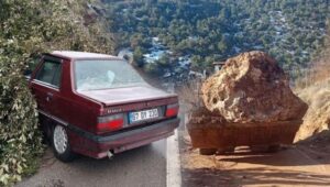 İki kentte heyelan dehşeti! Kaya parçası otomobilin üzerine düştü
