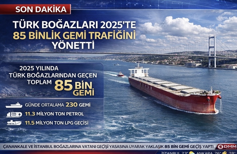 Türk boğazları 2025’te 85 binlik gemi trafiğini yönetti