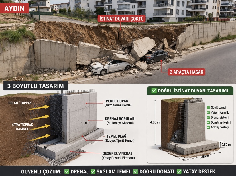 Aydın’da istinat duvarı çöktü, 2 araçta hasar oluştu