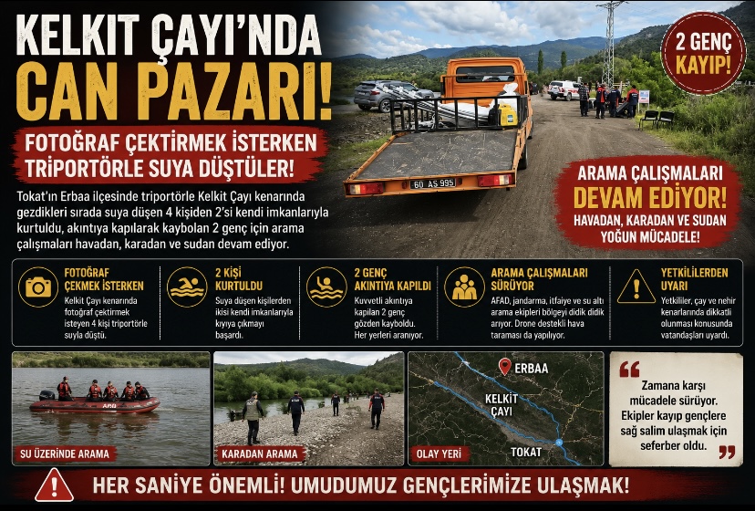 Kelkit Çayı’nda Can Pazarı! Fotoğraf Çektirmek İsterken Triportörle Suya Düştüler