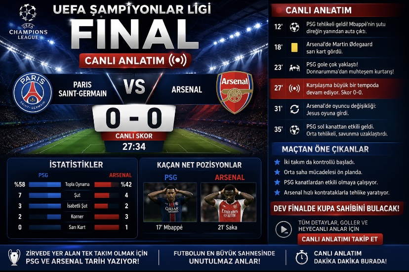 UEFA Şampiyonlar Ligi Finali Canlı Anlatım | PSG – Arsenal Maçı Canlı Skor