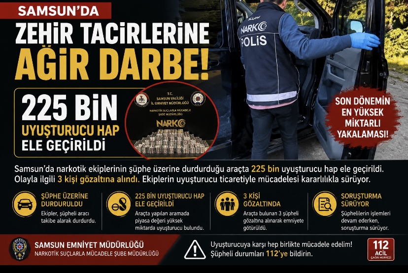 Samsun’da Zehir Tacirlerine Ağır Darbe: 225 Bin Uyuşturucu Hap Ele Geçirildi