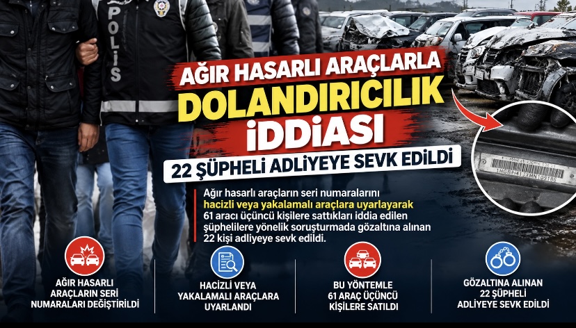 Ağır hasarlı araçlarla dolandırıcılık iddiası: 22 şüpheli adliyeye sevk edildi